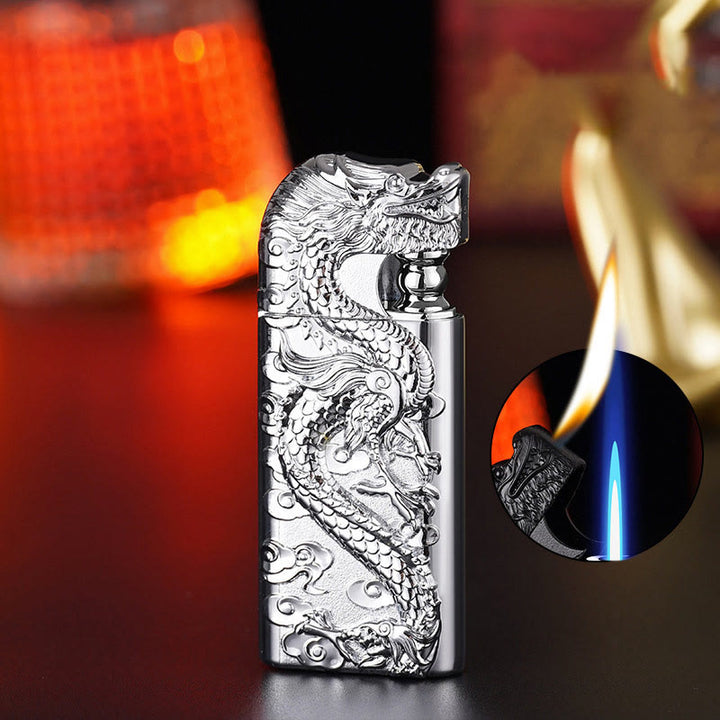 Double Flame Embossed Vivid Dragon Refillable Butane Lighter - Silver - image 19