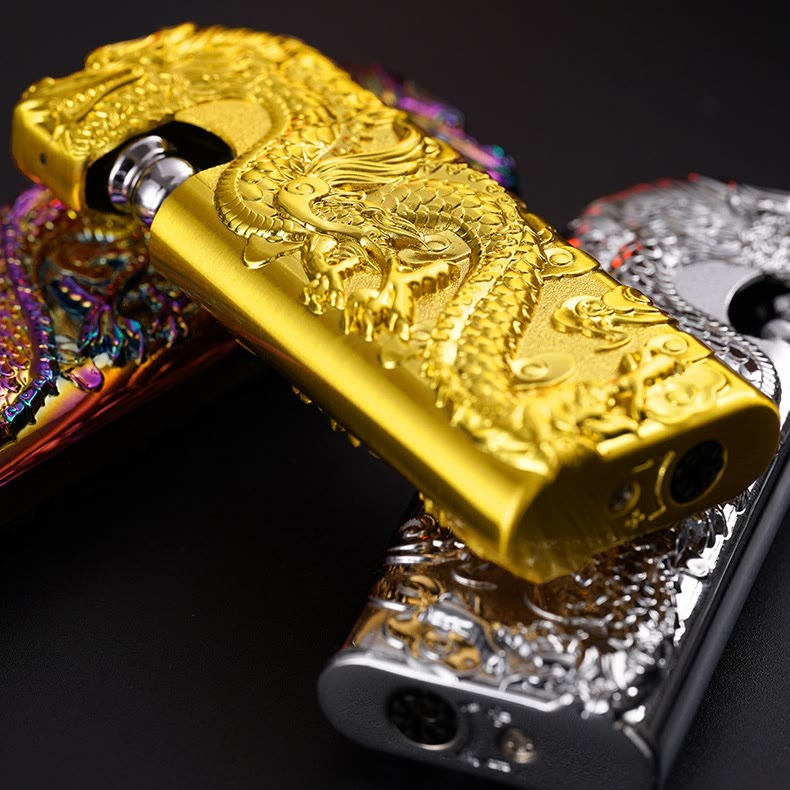 Double Flame Embossed Vivid Dragon Refillable Butane Lighter