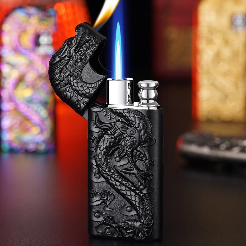 Double Flame Embossed Vivid Dragon Refillable Butane Lighter