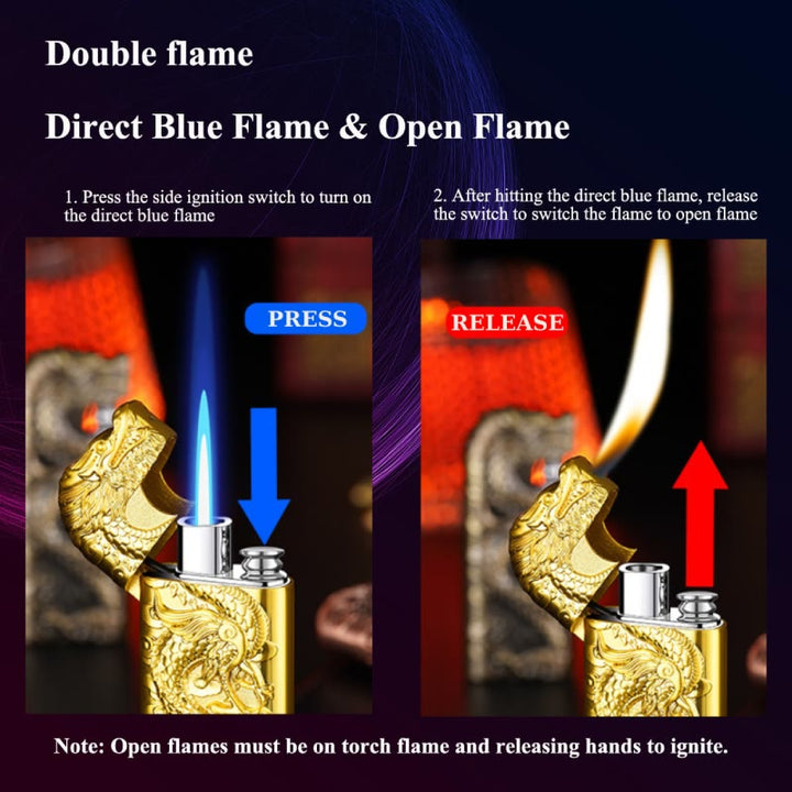 Double Flame Embossed Vivid Dragon Refillable Butane Lighter - image 7