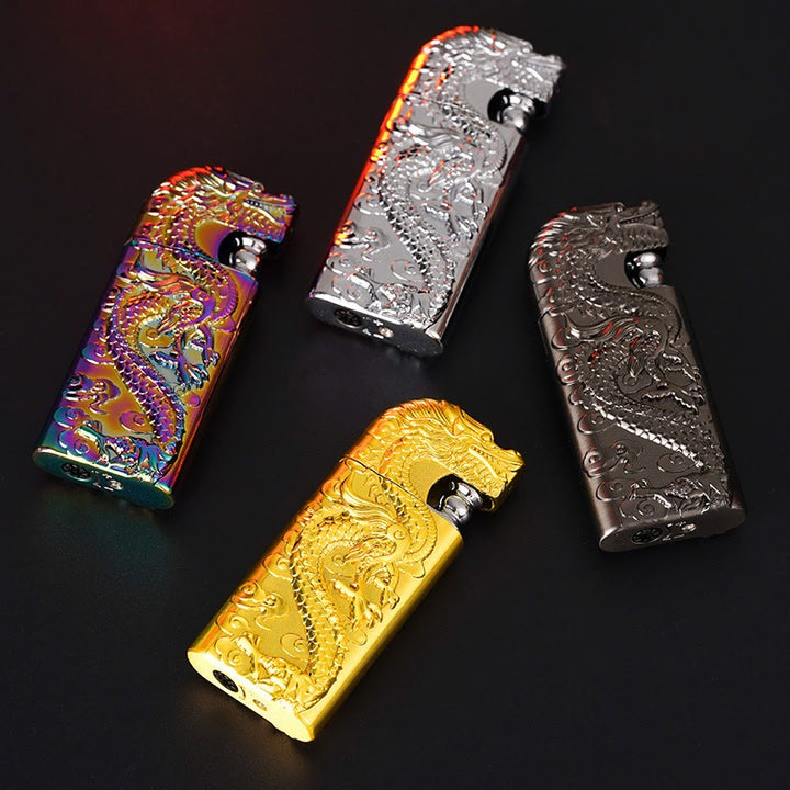 Double Flame Embossed Vivid Dragon Refillable Butane Lighter