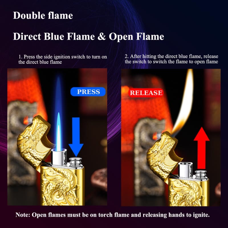 Double Flame Embossed Vivid Dragon Refillable Butane Lighter