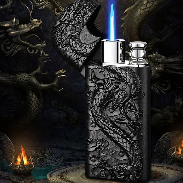 Double Flame Embossed Vivid Dragon Refillable Butane Lighter - image 3