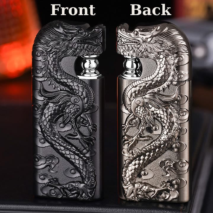 Double Flame Embossed Vivid Dragon Refillable Butane Lighter