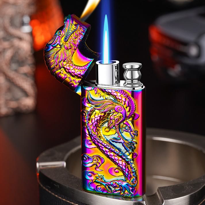 Double Flame Embossed Vivid Dragon Refillable Butane Lighter - image 2