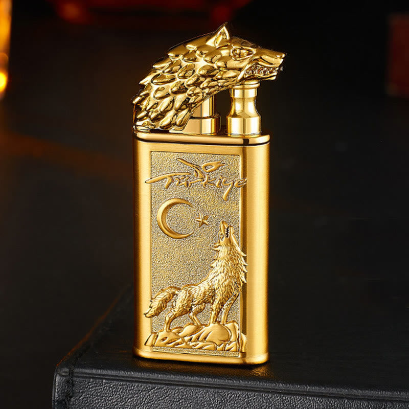 Double Flame Embossed Roaring Wolf Refillable Butane Lighter - Gold - image 3