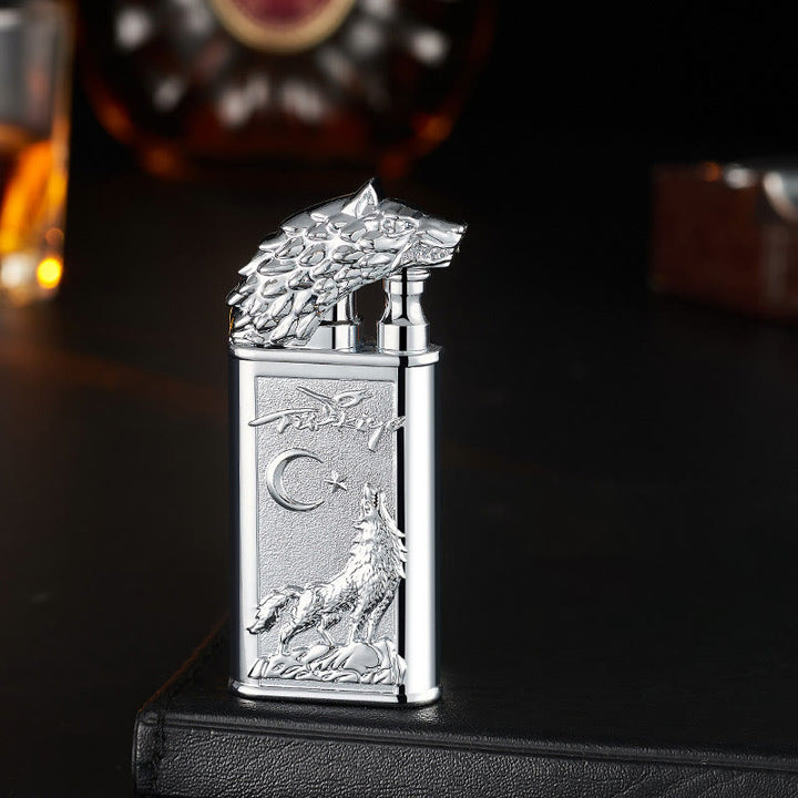Double Flame Embossed Roaring Wolf Refillable Butane Lighter