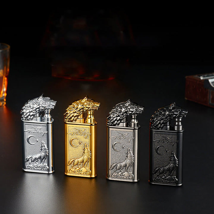 Double Flame Embossed Roaring Wolf Refillable Butane Lighter - image 1