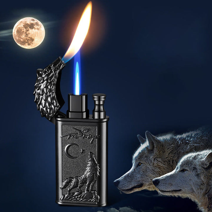 Double Flame Embossed Roaring Wolf Refillable Butane Lighter