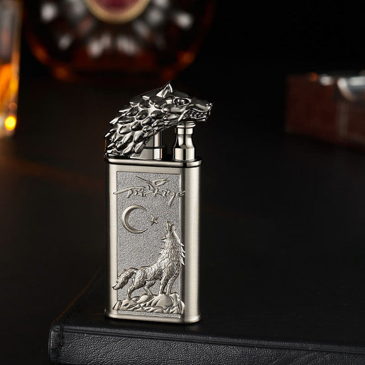 Double Flame Embossed Roaring Wolf Refillable Butane Lighter - DimGray - image 4