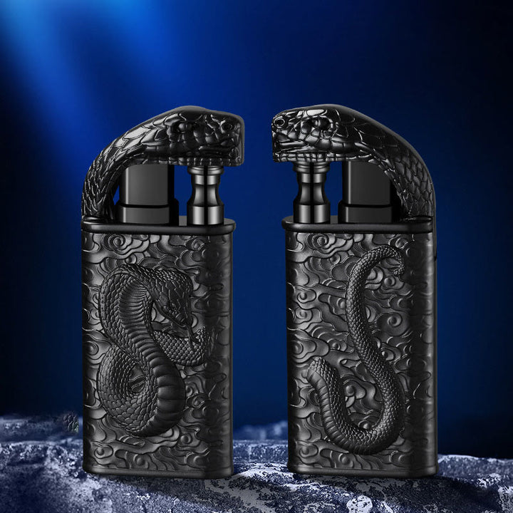 Double Flame Embossed Wild Crocodile Refillable Butane Lighter - Black - Double Sides Engraving - image 9