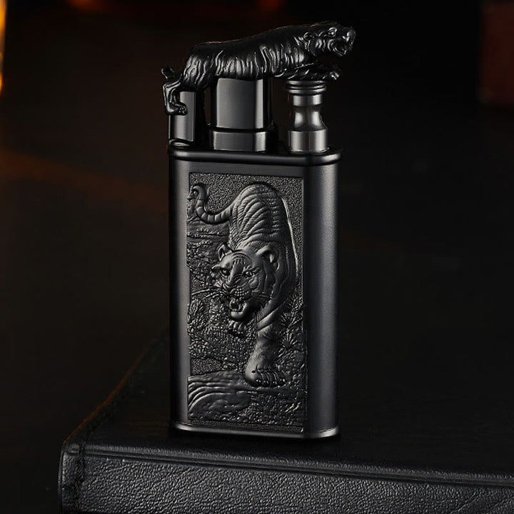 Double Flame Embossed Fierce Tiger Refillable Butane Lighter