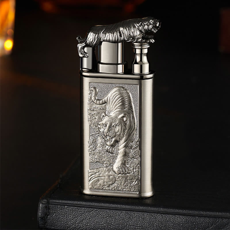 Double Flame Embossed Fierce Tiger Refillable Butane Lighter