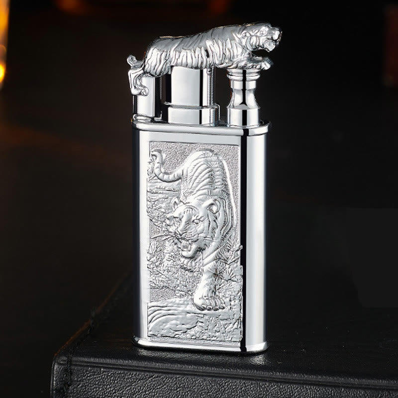 Double Flame Embossed Fierce Tiger Refillable Butane Lighter - Silver - image 5