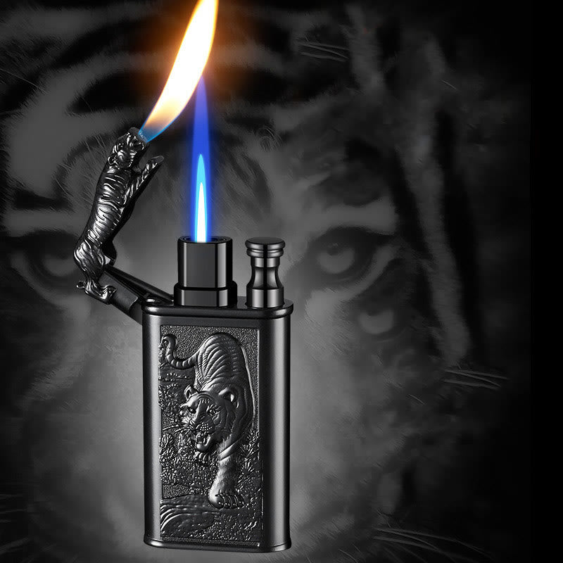 Double Flame Embossed Fierce Tiger Refillable Butane Lighter - Black - image 0