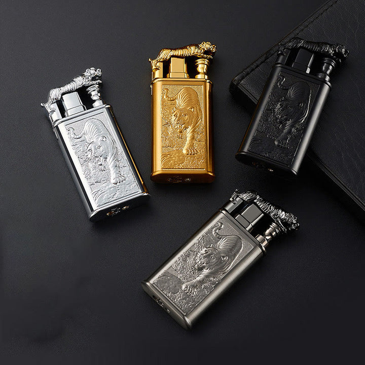 Double Flame Embossed Fierce Tiger Refillable Butane Lighter