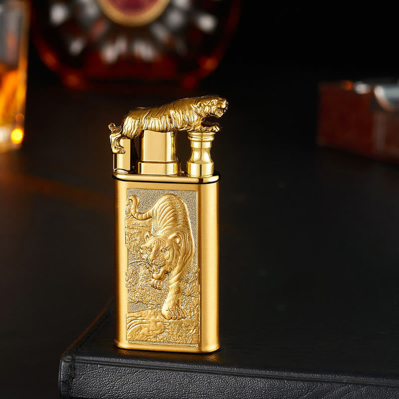 Double Flame Embossed Fierce Tiger Refillable Butane Lighter - Gold - image 3