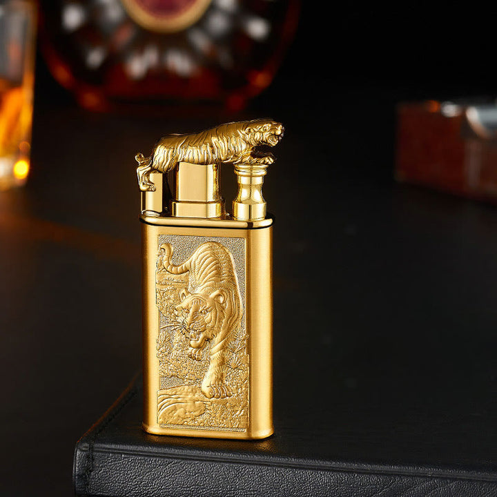 Double Flame Embossed Fierce Tiger Refillable Butane Lighter - Gold - image 3
