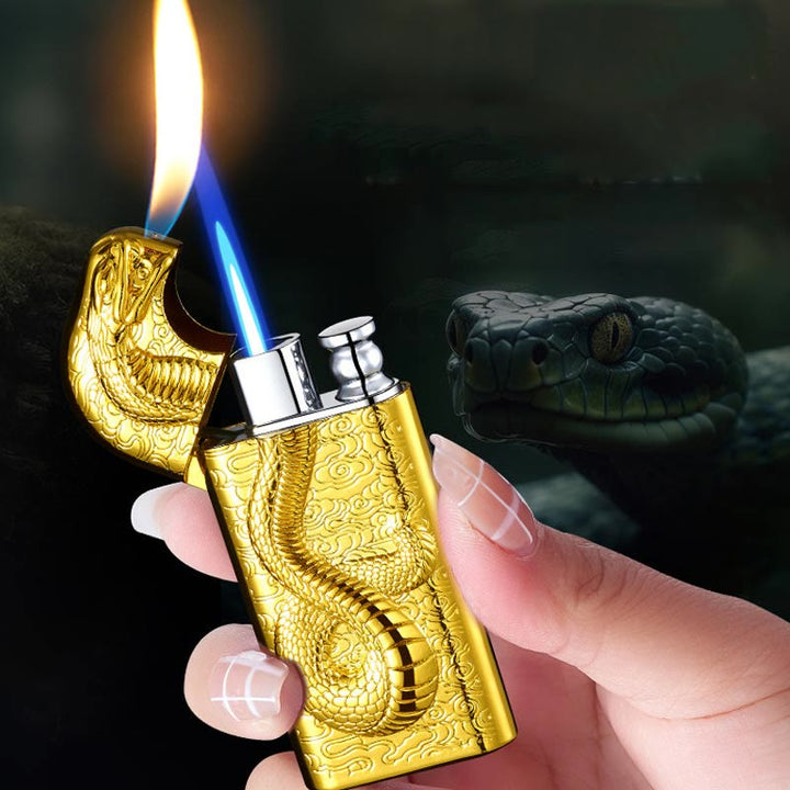 Double Flame Embossed Serpent King Refillable Butane Lighter