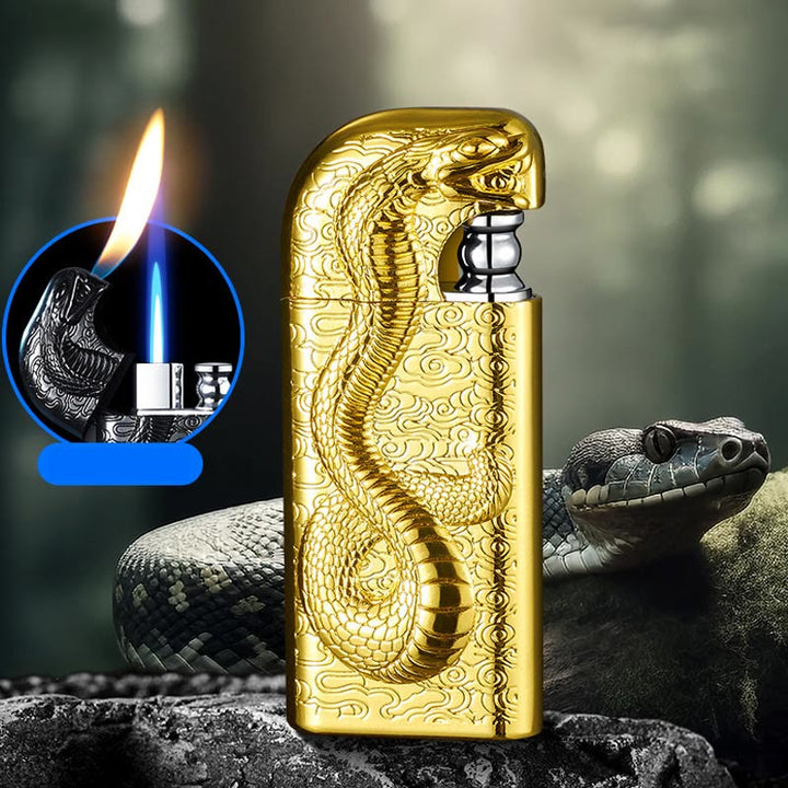 Double Flame Embossed Serpent King Refillable Butane Lighter