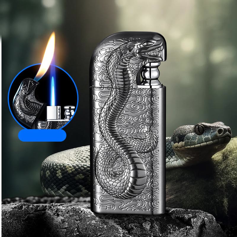 Double Flame Embossed Serpent King Refillable Butane Lighter - Gray - image 16