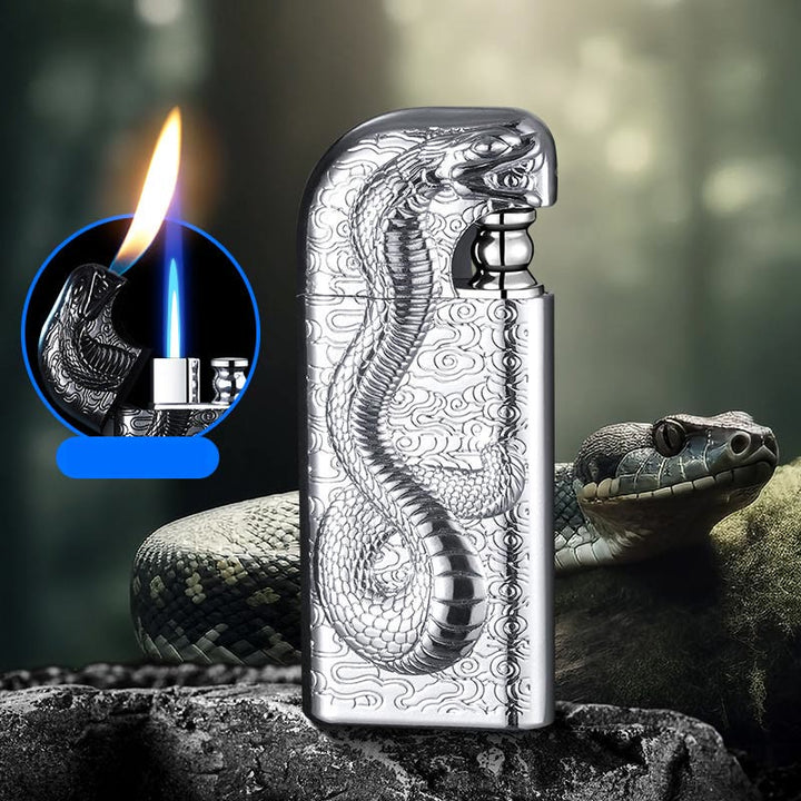 Double Flame Embossed Serpent King Refillable Butane Lighter - Silver - image 20