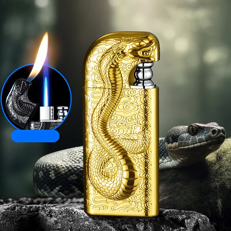 Double Flame Embossed Serpent King Refillable Butane Lighter - Dark Gold - image 17