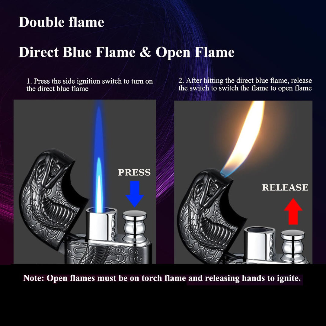 Double Flame Embossed Serpent King Refillable Butane Lighter