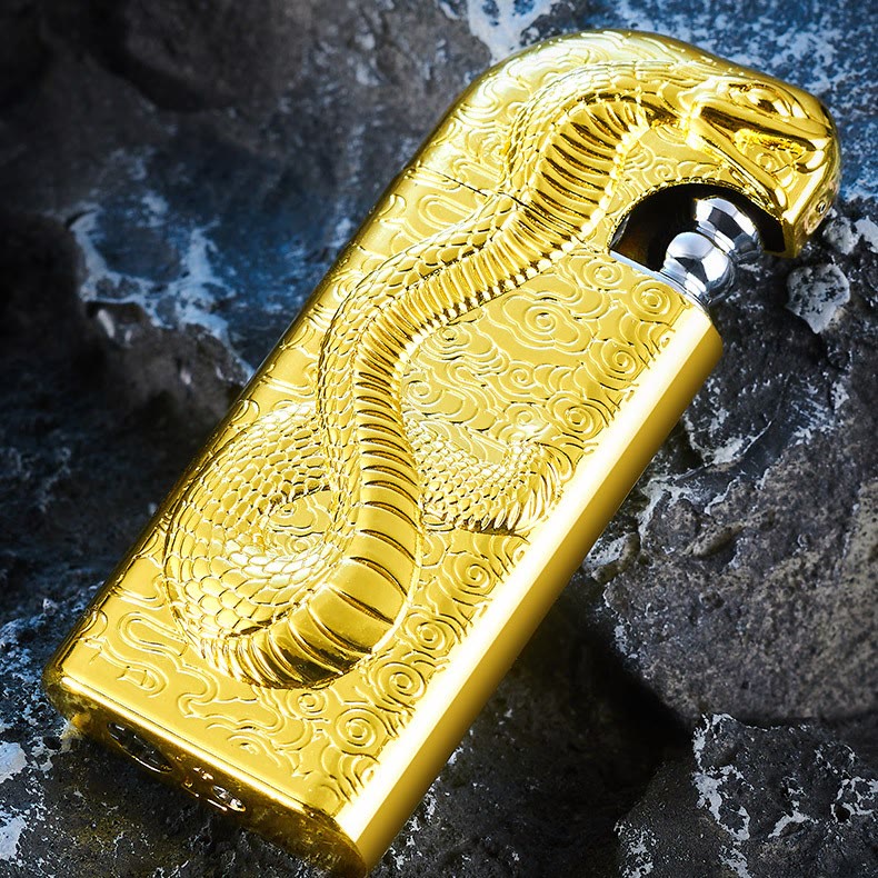 Double Flame Embossed Serpent King Refillable Butane Lighter