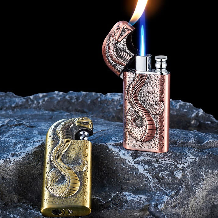 Double Flame Embossed Serpent King Refillable Butane Lighter - image 3