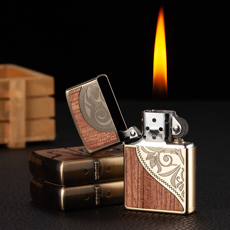 Retro Carved Pattern Wooden Shell Refillable Kerosene Lighter - image 1