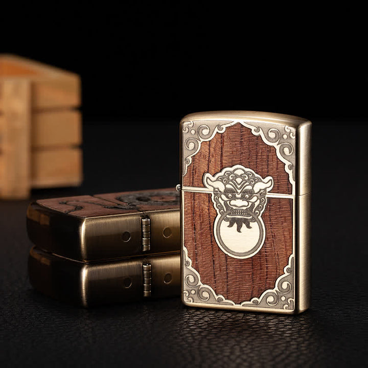 Retro Carved Pattern Wooden Shell Refillable Kerosene Lighter