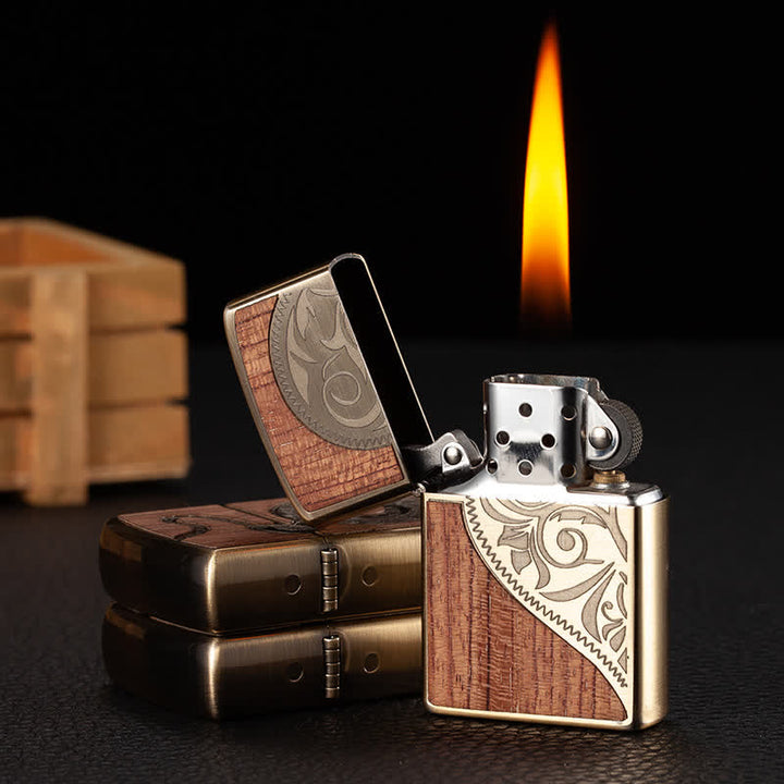 Retro Carved Pattern Wooden Shell Refillable Kerosene Lighter - image 1