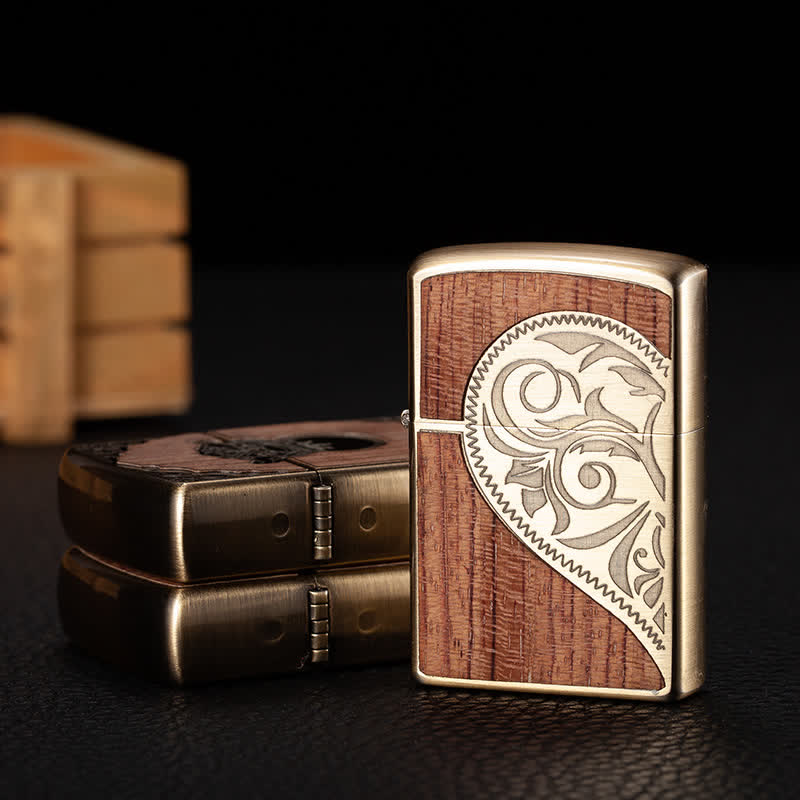 Retro Carved Pattern Wooden Shell Refillable Kerosene Lighter