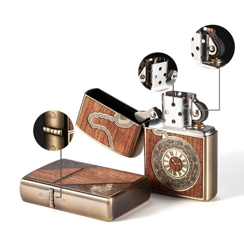 Retro Carved Pattern Wooden Shell Refillable Kerosene Lighter