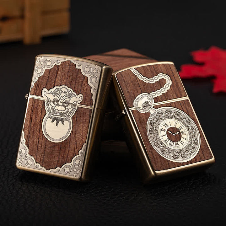 Retro Carved Pattern Wooden Shell Refillable Kerosene Lighter - image 0