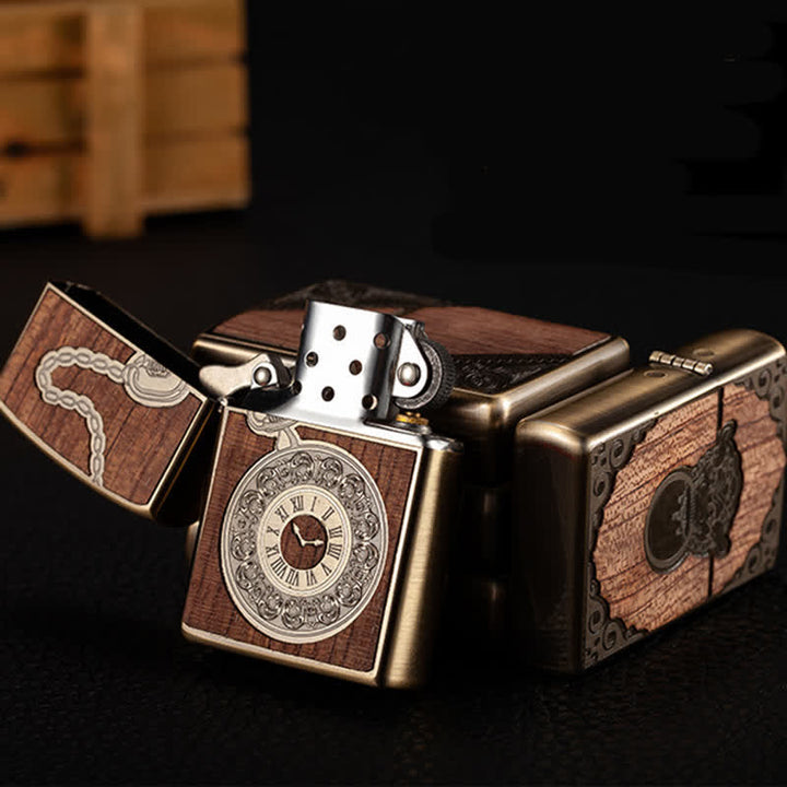 Retro Carved Pattern Wooden Shell Refillable Kerosene Lighter - image 3