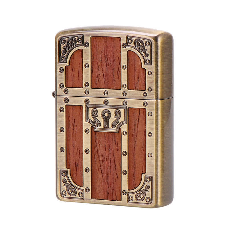 Brown Wood Ancient Door Brass Etching Refillable Kerosene Lighter