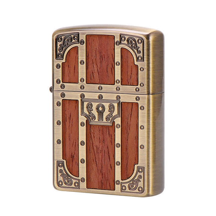 Brown Wood Ancient Door Brass Etching Refillable Kerosene Lighter