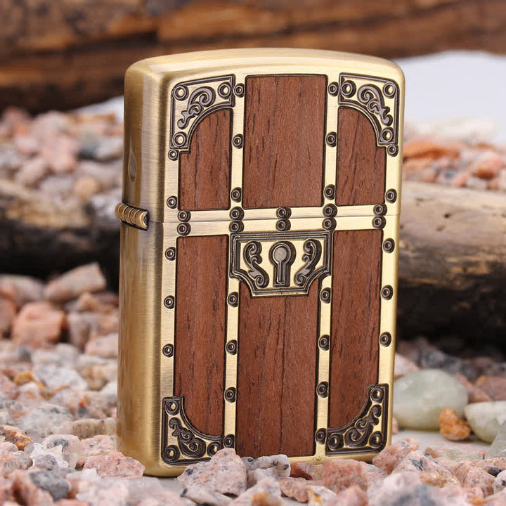 Brown Wood Ancient Door Brass Etching Refillable Kerosene Lighter