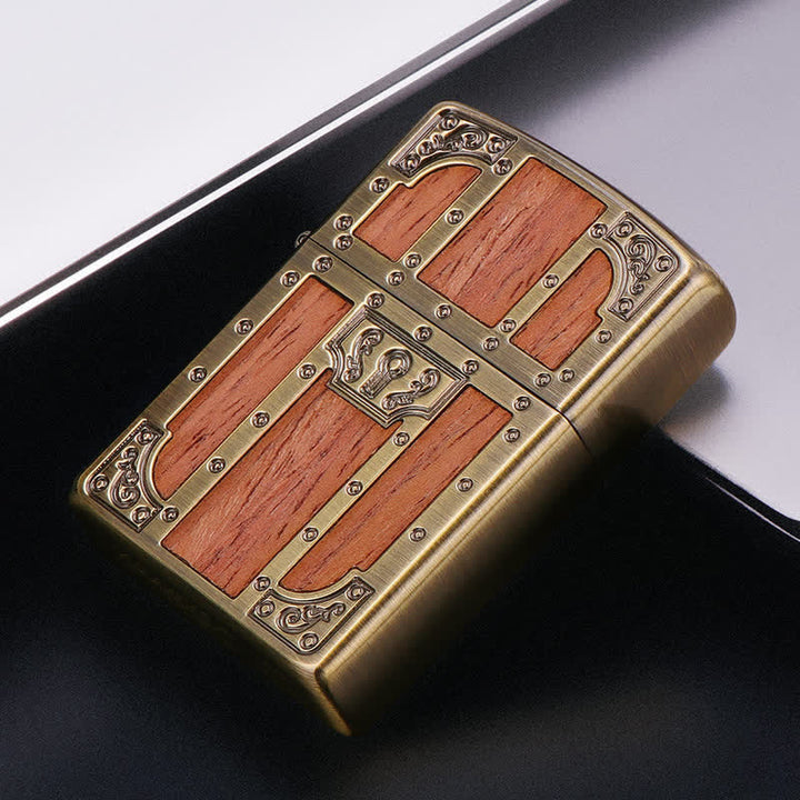 Brown Wood Ancient Door Brass Etching Refillable Kerosene Lighter