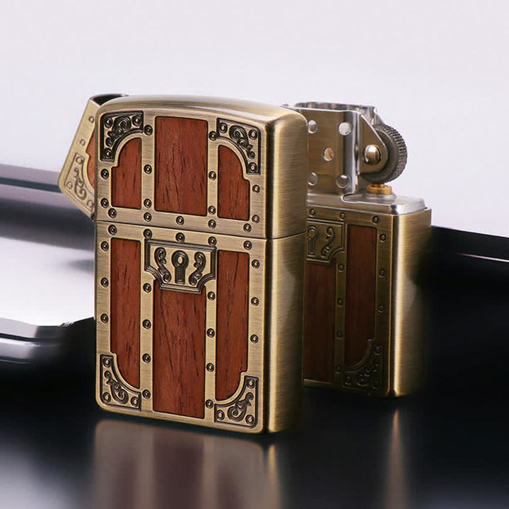 Brown Wood Ancient Door Brass Etching Refillable Kerosene Lighter