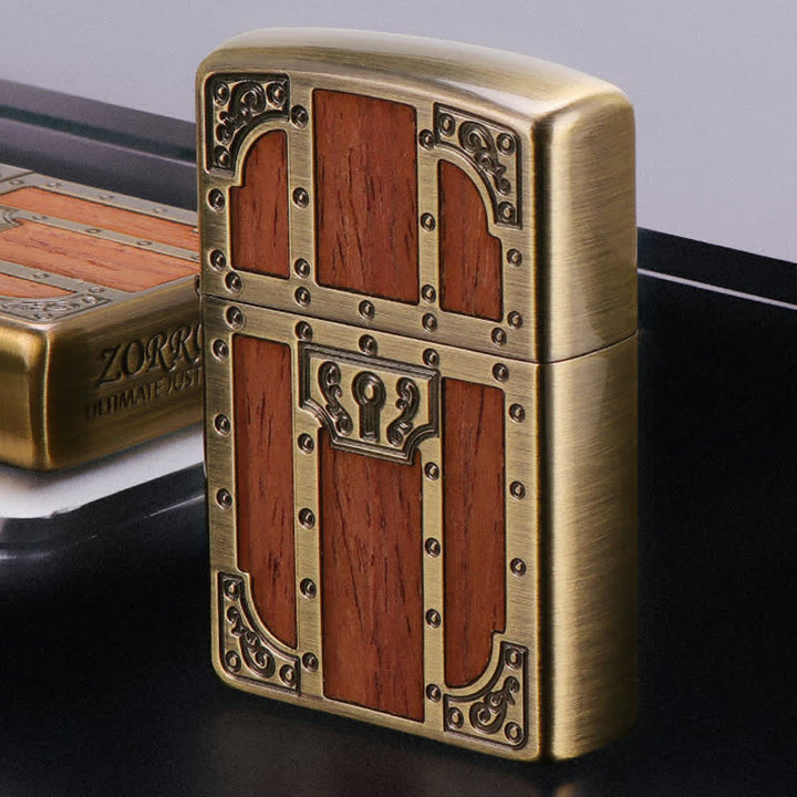 Brown Wood Ancient Door Brass Etching Refillable Kerosene Lighter - image 1