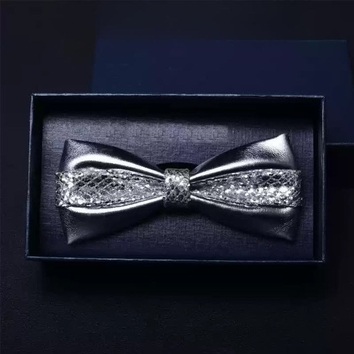 Men's Wedding Party Double Layered Faux Leather Bow Tie - Silver - image 5