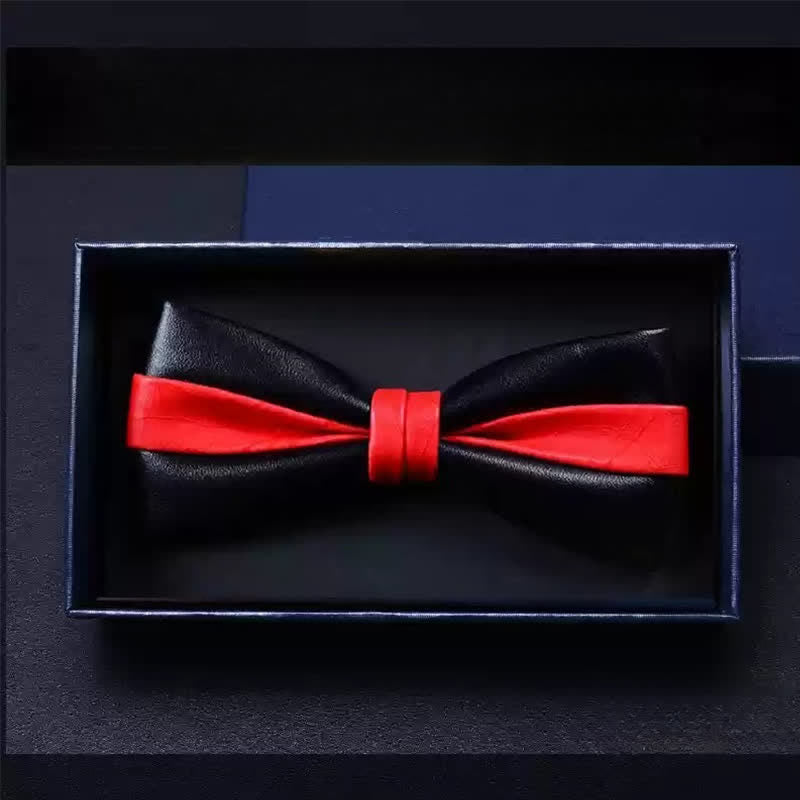 Men's Wedding Party Double Layered Faux Leather Bow Tie - Black & Red - image 9