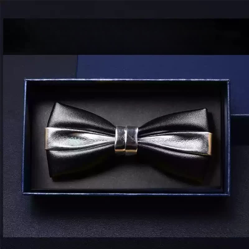 Men's Wedding Party Double Layered Faux Leather Bow Tie - Black & Silver #2 - image 12