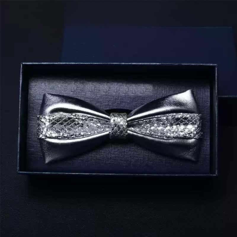 Men's Wedding Party Double Layered Faux Leather Bow Tie - Silver - image 5