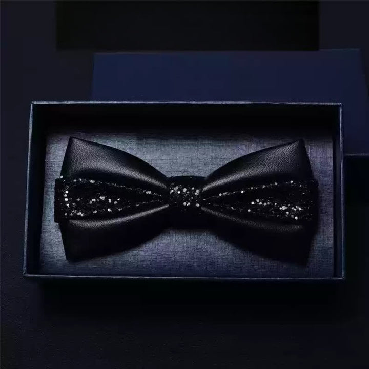 Men's Wedding Party Double Layered Faux Leather Bow Tie - Black - image 4