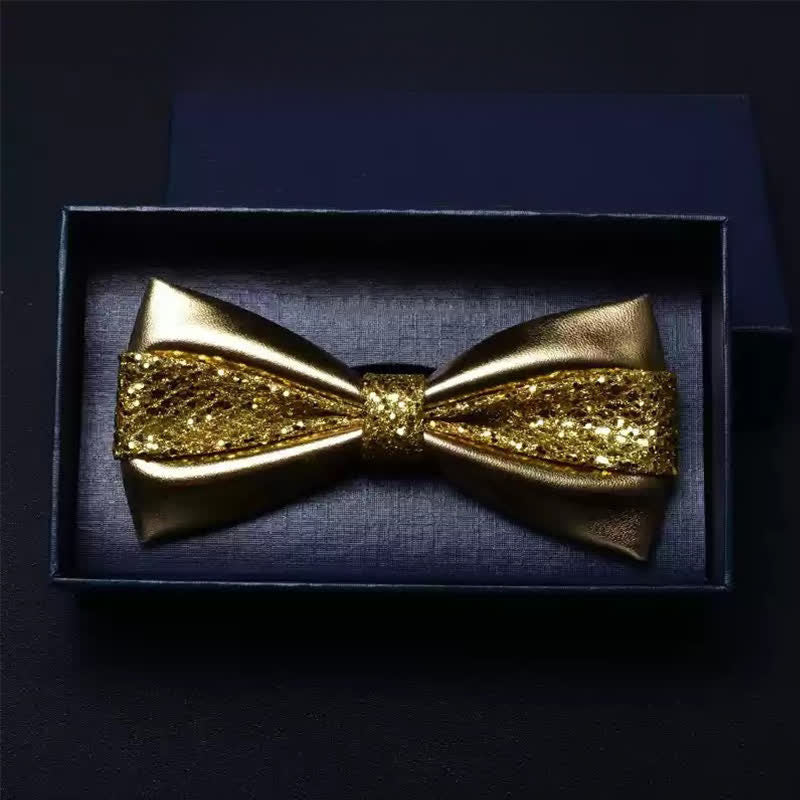 Men's Wedding Party Double Layered Faux Leather Bow Tie - Gold - image 2