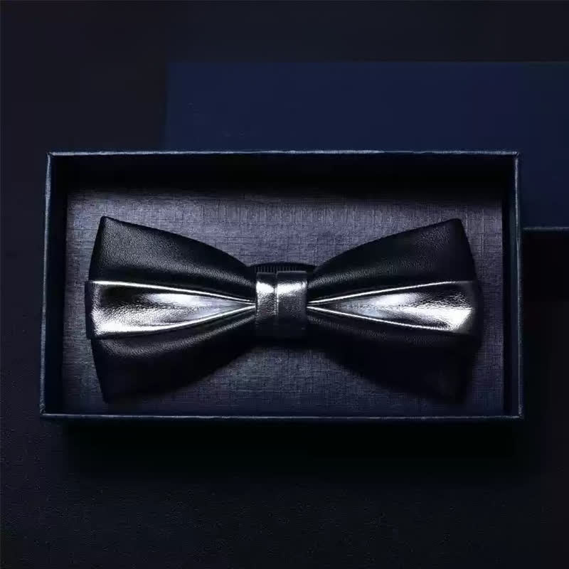 Men's Wedding Party Double Layered Faux Leather Bow Tie - Black & Silver #1 - image 8
